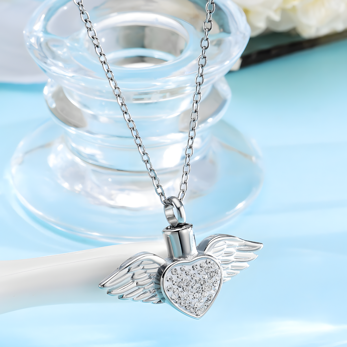 Angel Wing Heart Urn Necklace Ashes – Rhinestone Memorial Pendant,Cremation 1231