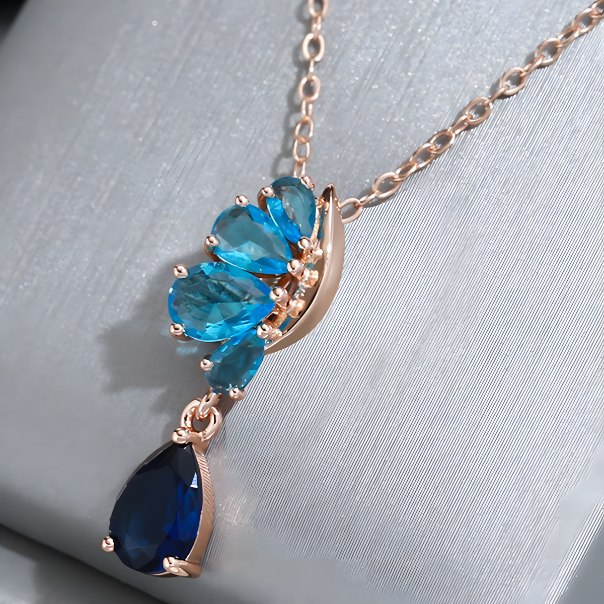 Blue Natural Zircon Pendant Necklace for Women, 585 Rose Gold Color Copper 1269