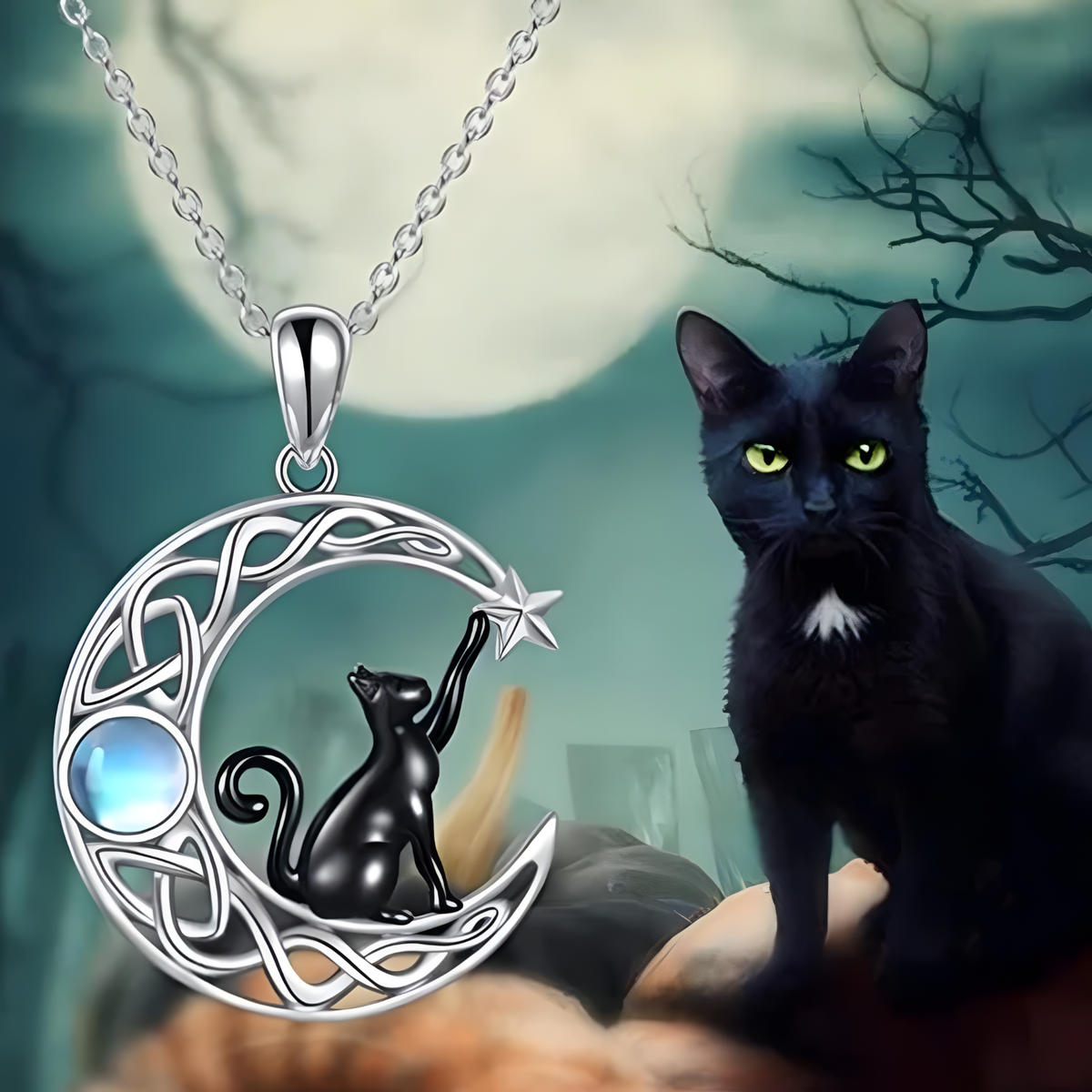 Crescent Moon Cat Necklace Women – Silver-Tone Zinc Alloy Celtic Knot Moon 1080