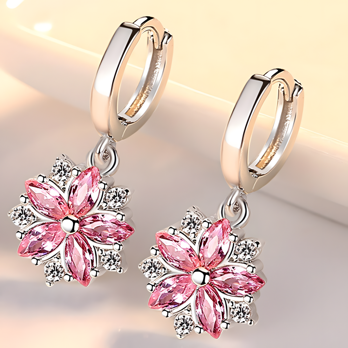 925 Silver-Plated Alloy Pink Petal Zircon Crystal Flower Earrings for Women 1047