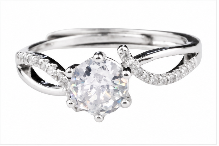 Women's Adjustable Split Shank Zircon Engagement Ring, Round Brilliant Cut 1638