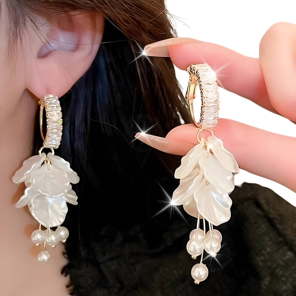 Long Floral Pearl Earrings for Women – Irregular White Petal Leaf Design 793