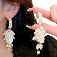Long Floral Pearl Earrings for Women – Irregular White Petal Leaf Design 793