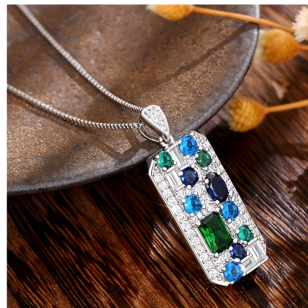 Silver Box Chain Pendant Necklace Women – Blue & Green Cubic Zirconia Rectan 668