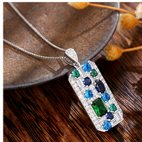 Silver Box Chain Pendant Necklace Women – Blue & Green Cubic Zirconia Rectan 668