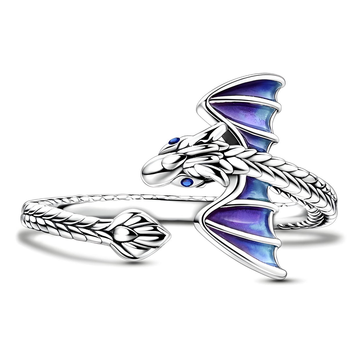 Adjustable Dragon Open Ring Silver Tone Rhodium-Plated Blue Enamel Wings 1441