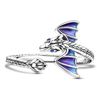 Adjustable Dragon Open Ring Silver Tone Rhodium-Plated Blue Enamel Wings 1441