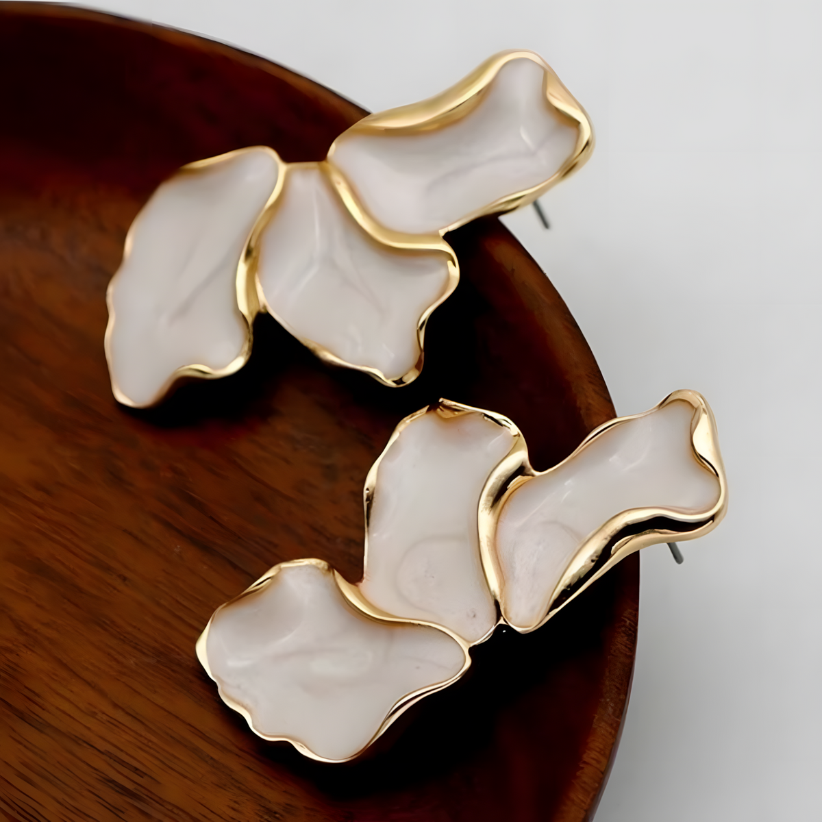 Irregular Flower Statement Drop Earring for Women 2.9cm Gold Cream Abstract 1395