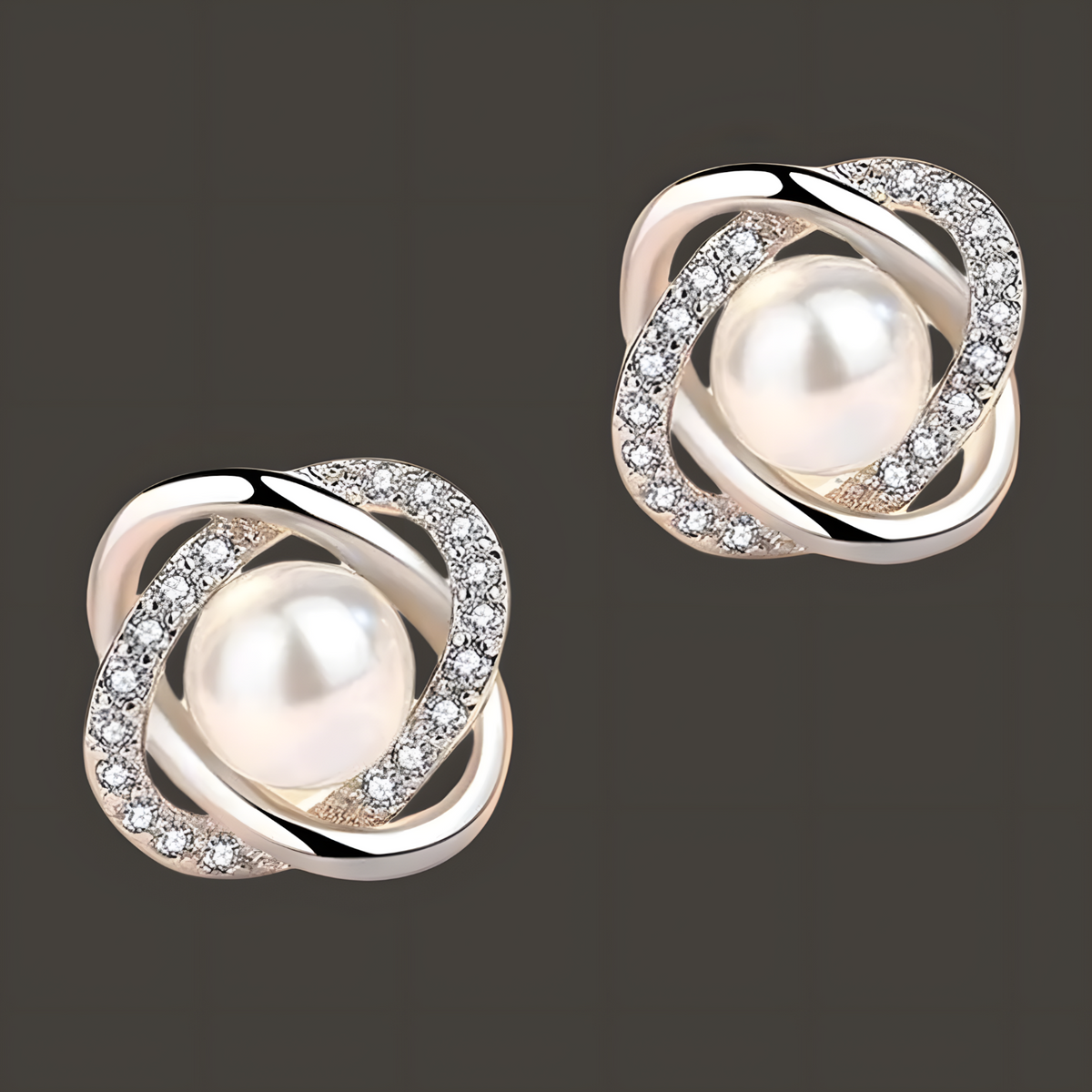 925 Silver-Plated Pearl & Crystal Stud Earrings for Women Elegant Round 11mm 899