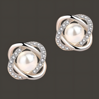 925 Silver-Plated Pearl & Crystal Stud Earrings for Women Elegant Round 11mm 899