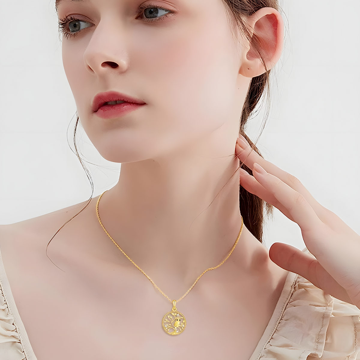 Round Gold Tone Owl Pendant Necklace – Metal Tree Of Life Design Crystal 1076