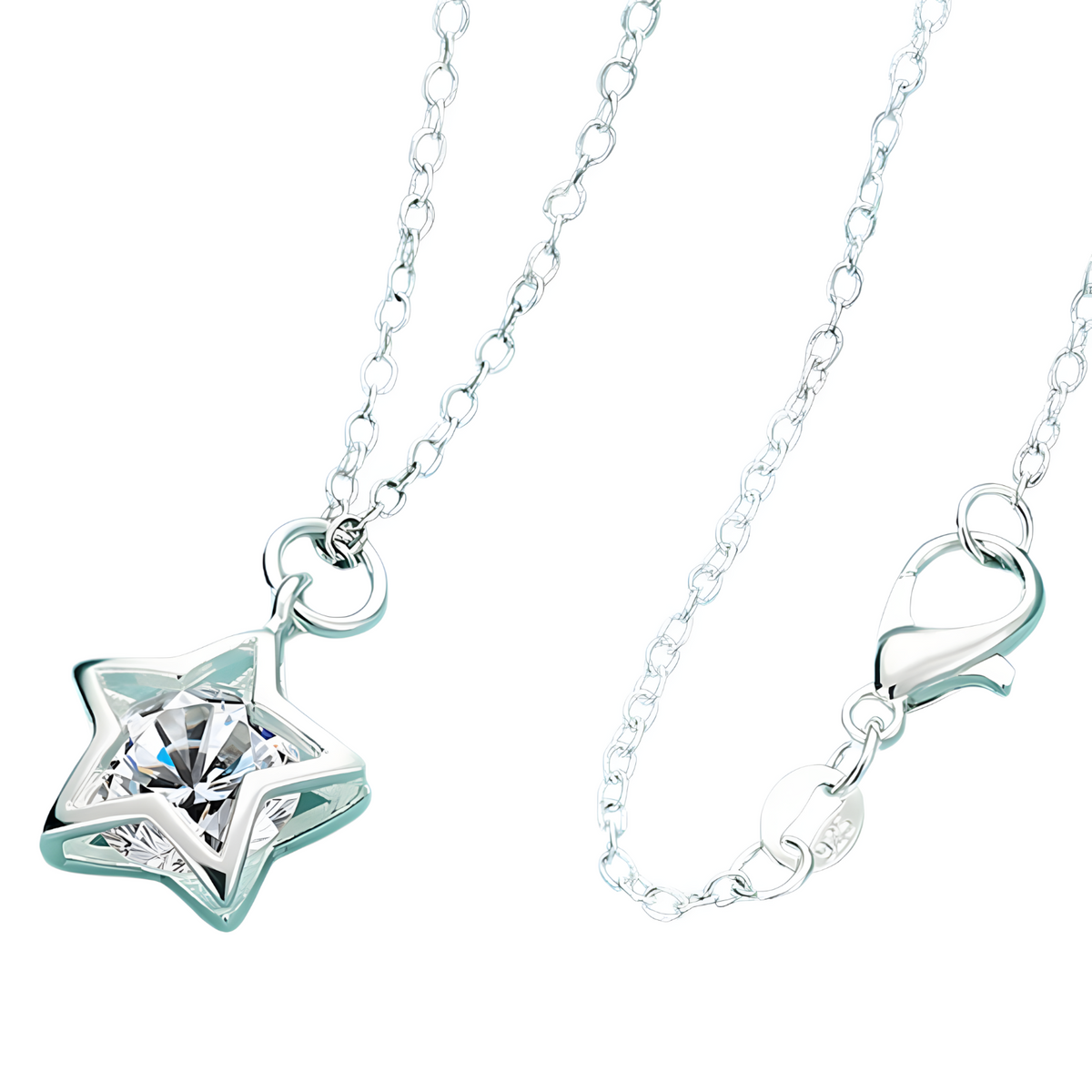 Star Crystal Pendant Necklace, 45cm Link Chain, Silver Colour Y2K Party 1794