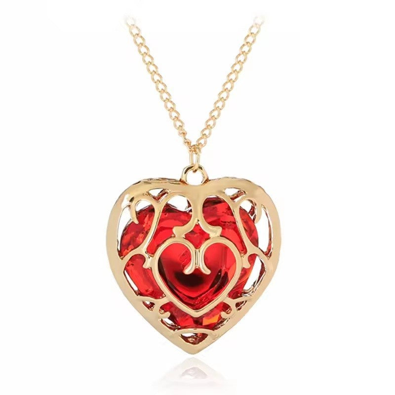 Red Heart Rose Pendant Necklace — Faceted Red Crystal Heart with Sculpted 1321