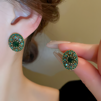 Vintage Green Crystal Oval Stud Earrings For Women Gold-Plated Copper 1462