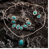 Vintage Turquoise Jewelry Set Women Necklace Bracelet Earrings Blue Stone B265