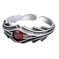 Red Stone Open Adjustable Ring For Women Silver Tone Wing Feather Leaf 1754