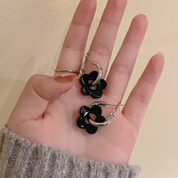 Zinc Alloy & Acrylic Flower Hoop Earrings Women – Trendy Black Retro Floral 990