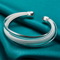 925 Silver-Plated Textured Open Bangle Bracelet Adjustable Unisex Round Cuff 884