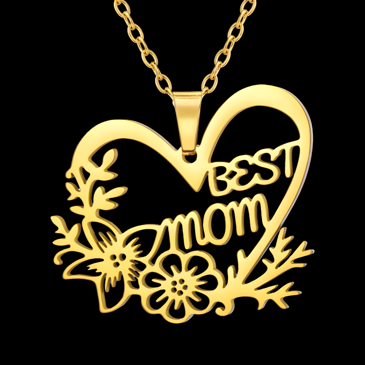Best Mom Heart Necklace for Women Stainless Steel Gold Colour Floral Cutout 1171