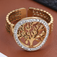 Gold Tree of Life Ring – Adjustable Stainless Steel Open Band Clear Crystal 842