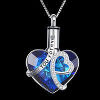 Women's "Love You Forever" Heart Urn Necklace for Human Ashes Blue Crystal B96