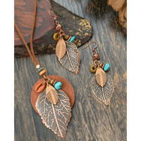 Boho Vintage Leaf Jewellery Set For Women, Layered Round Pendant Necklace 1704