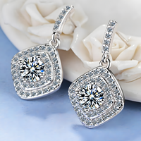 925 Sterling Silver Cubic Zirconia Drop Earrings, Double Halo Square Design 306