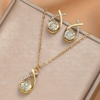 Gold Color Necklace and Earrings Set Women – Elegant Teardrop Zircon Pendant 698