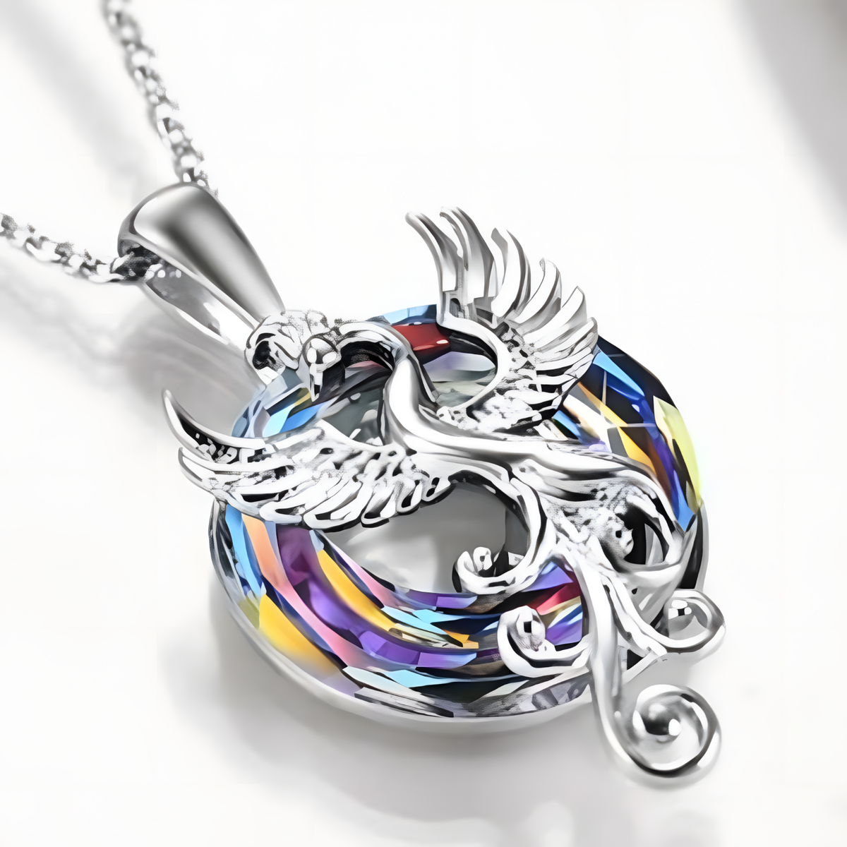 Dazzling Phoenix Bird Crystal Necklace - Silver Tone & Colorful Iridescent B81