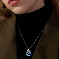 Cool Dragon Pendant Necklace Women, Men, Blue Crystal Hollowed Out Jewelry B149