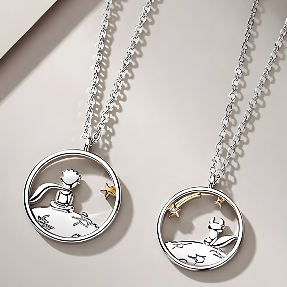 Zinc Alloy Little Prince & Fox Couple Necklace Set of 2 – Silver Tone  1090