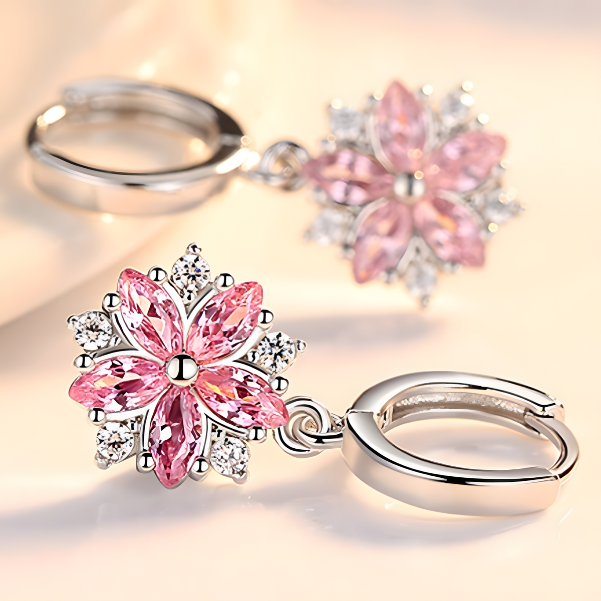 925 Silver-Plated Alloy Pink Petal Zircon Crystal Flower Earrings for Women 1047