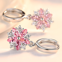 925 Silver-Plated Alloy Pink Petal Zircon Crystal Flower Earrings for Women 1047
