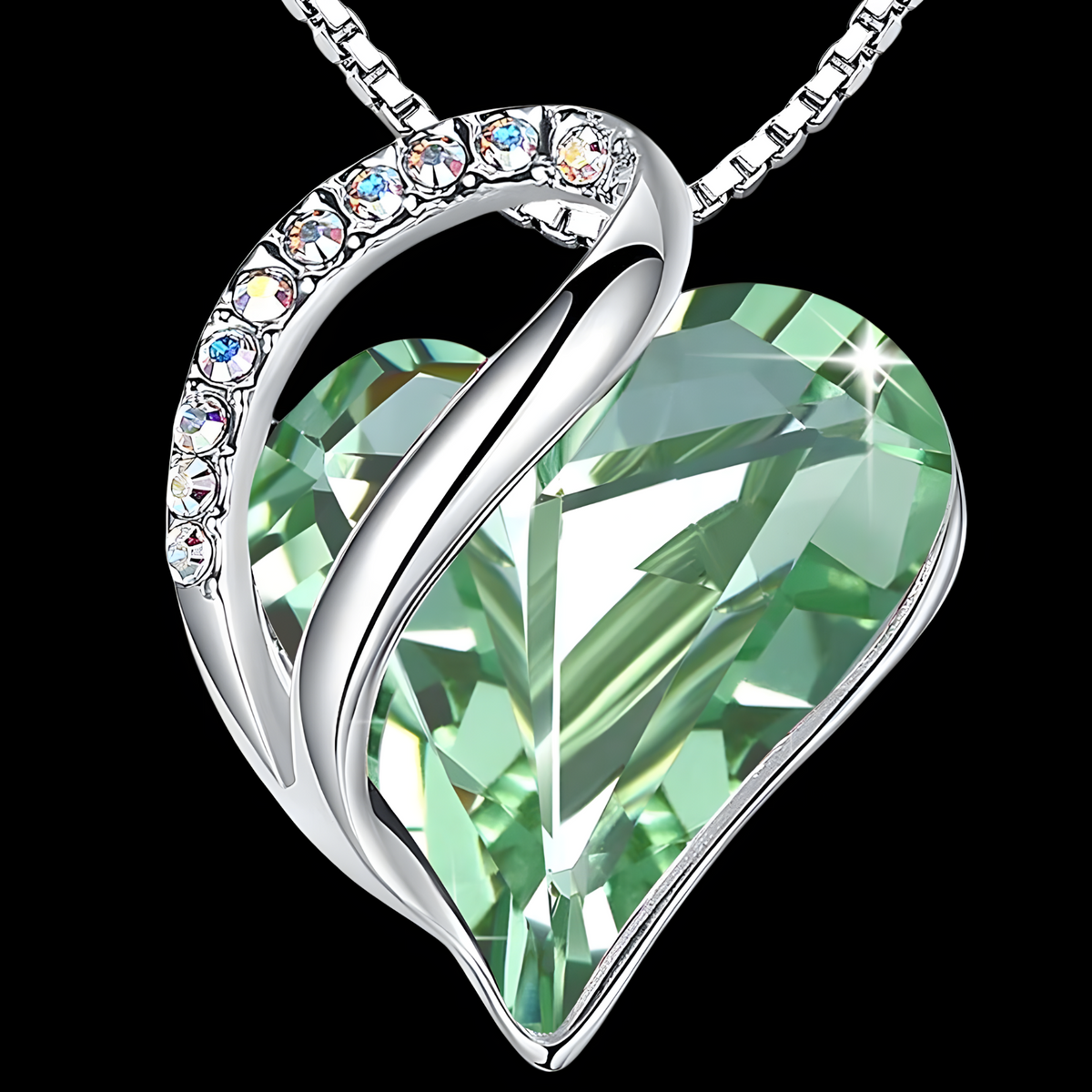 Light Green Crystal Heart Pendant Necklace Women Silver Tone Alloy Necklace B327