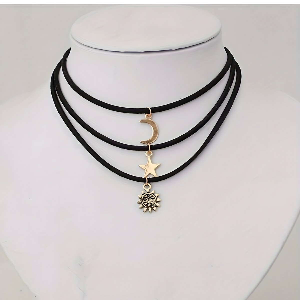 3-Piece Layered Velvet Choker Necklace Women – Moon Star Sun Pendant, Trendy 681