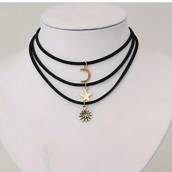 3-Piece Layered Velvet Choker Necklace Women – Moon Star Sun Pendant, Trendy 681