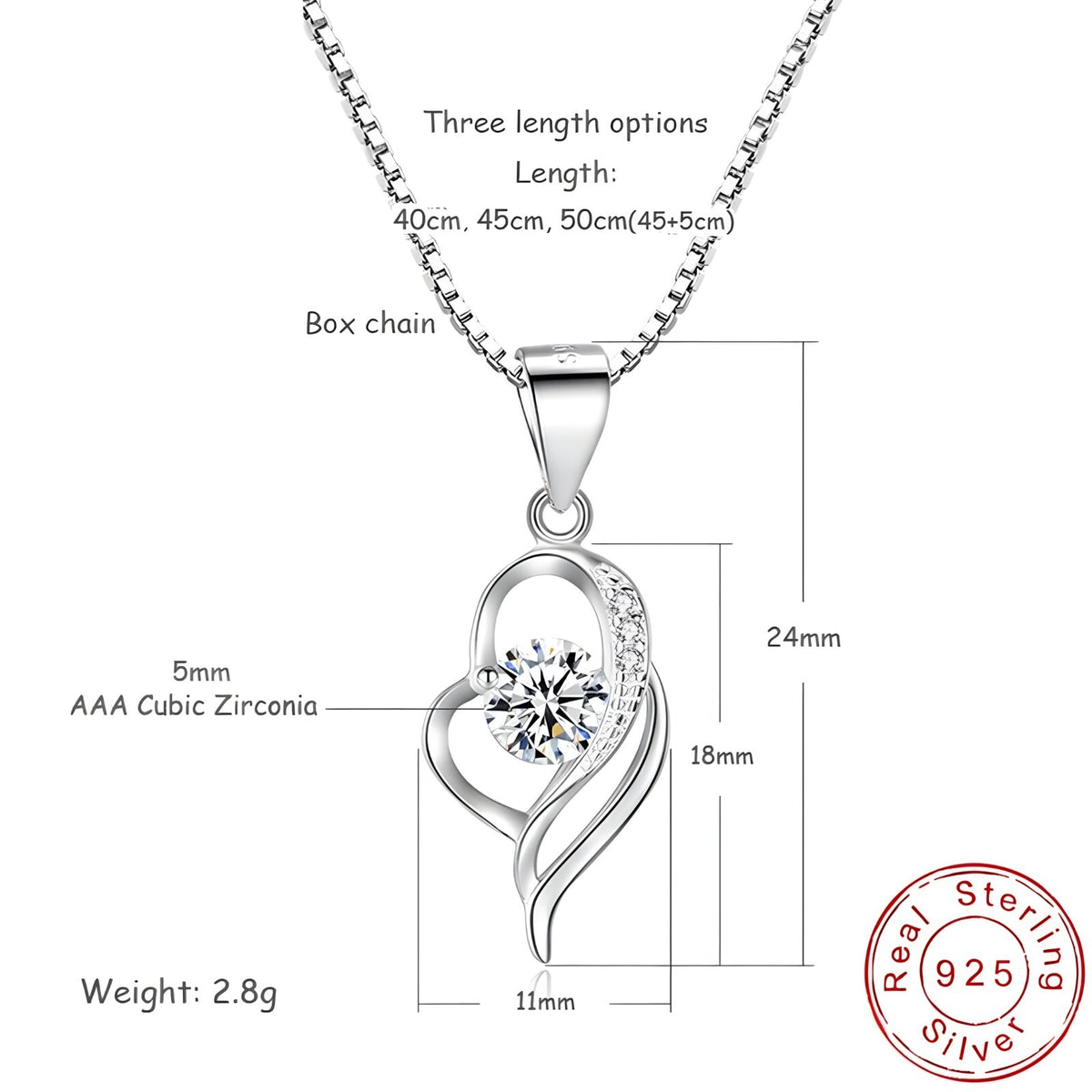 Sterling Silver Heart Necklace for Women – Real 925 Pendant with AAA Cubic 287