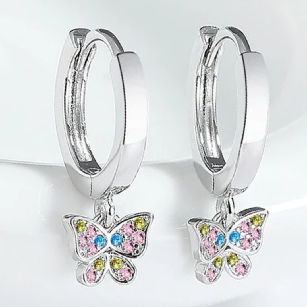 Sterling Silver Butterfly Drop Earrings –22mm Length Colorful Zircon Crystal 299