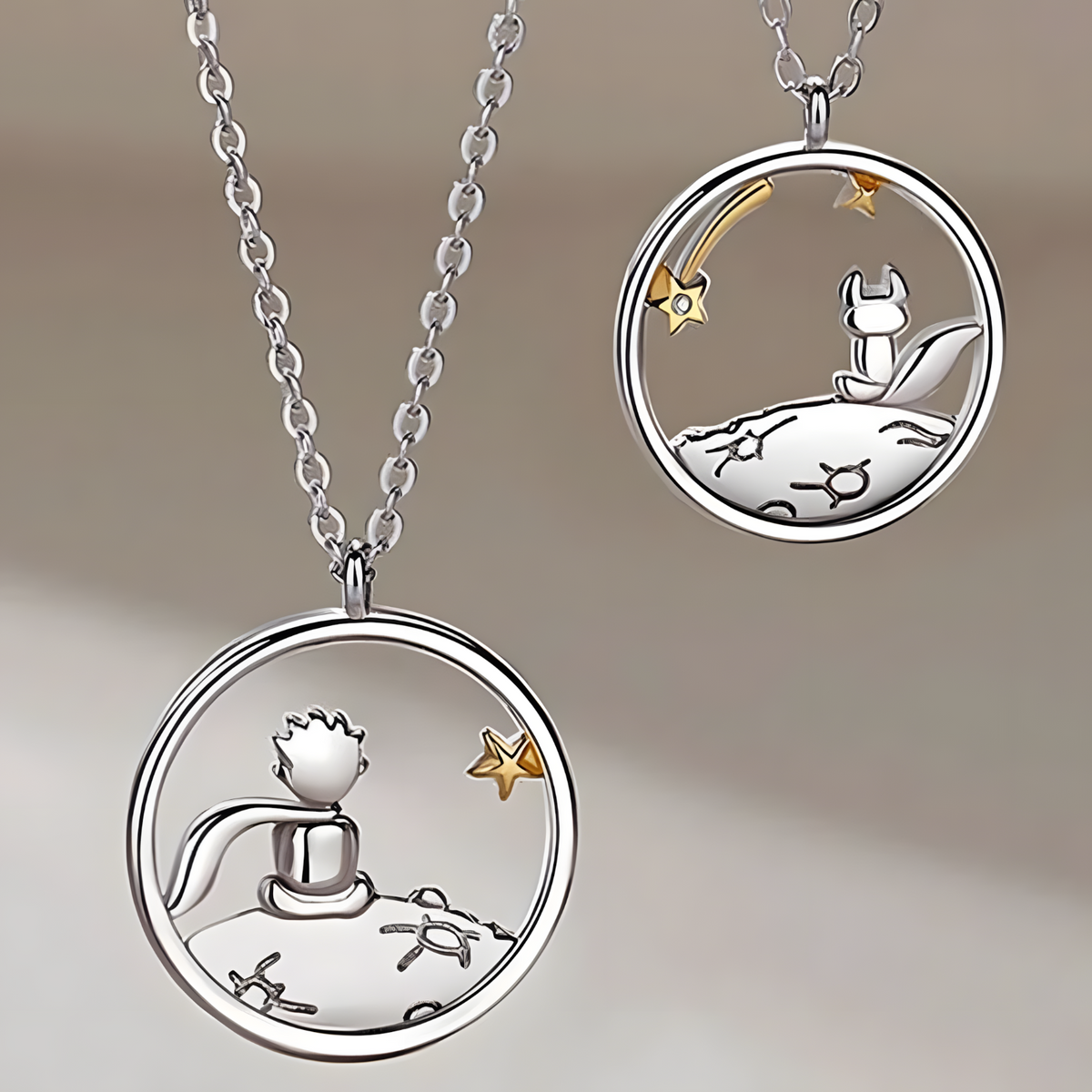 Zinc Alloy Little Prince & Fox Couple Necklace Set of 2 – Silver Tone  1090