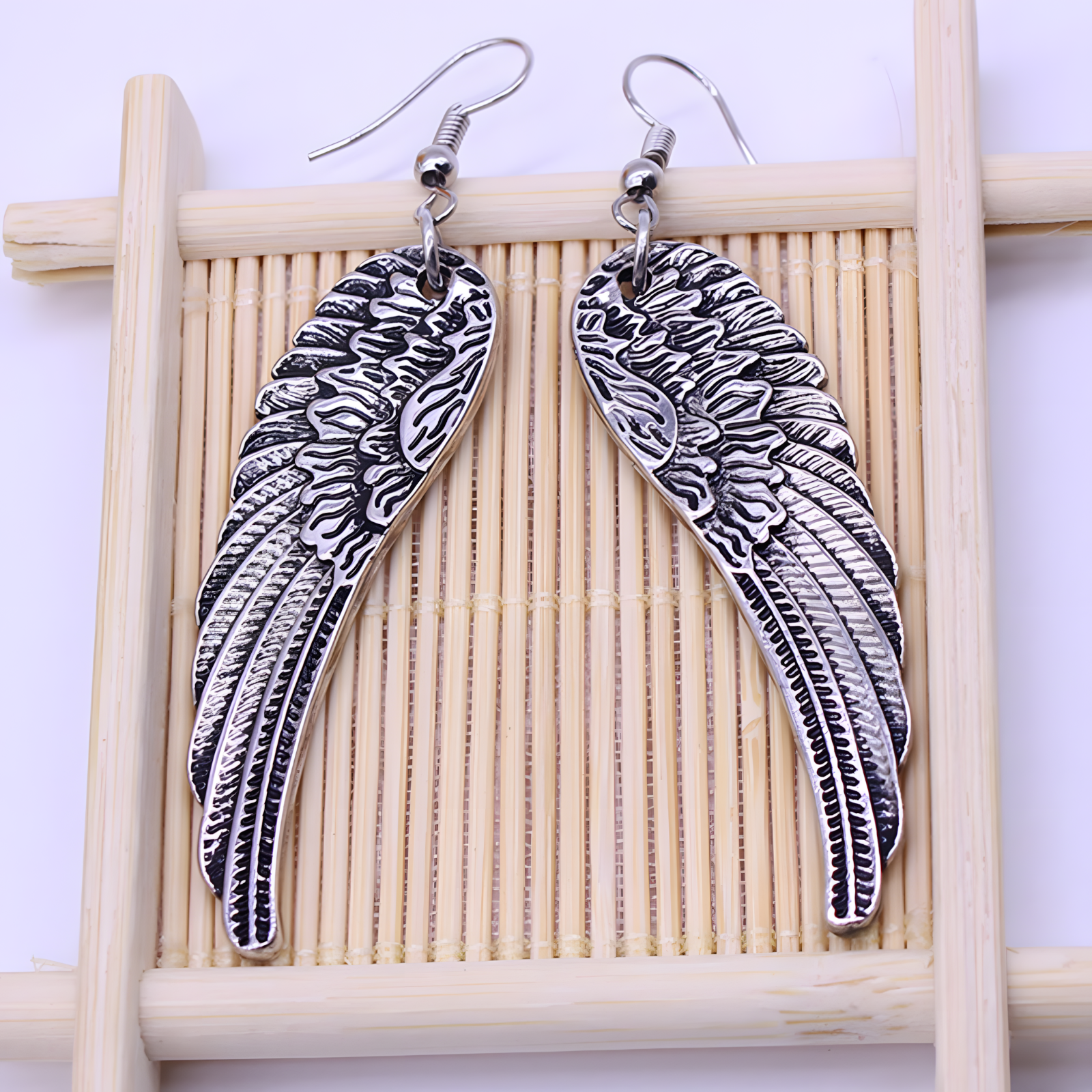 Silver Tone Angel Wing Dangle Earrings Women Feathered Design Hook Earrings B53