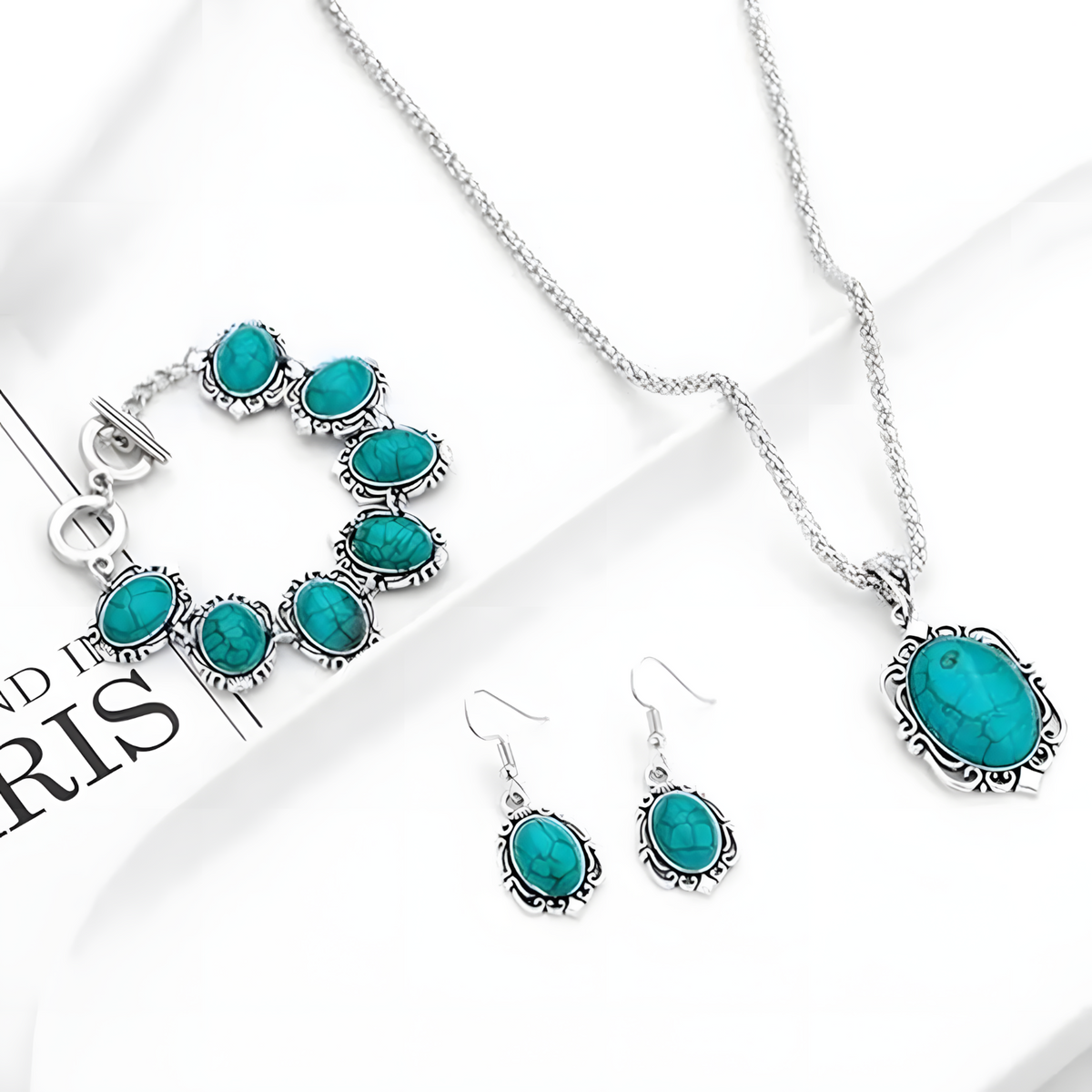 Vintage Turquoise Jewelry Set Women Necklace Bracelet Earrings Blue Stone B265