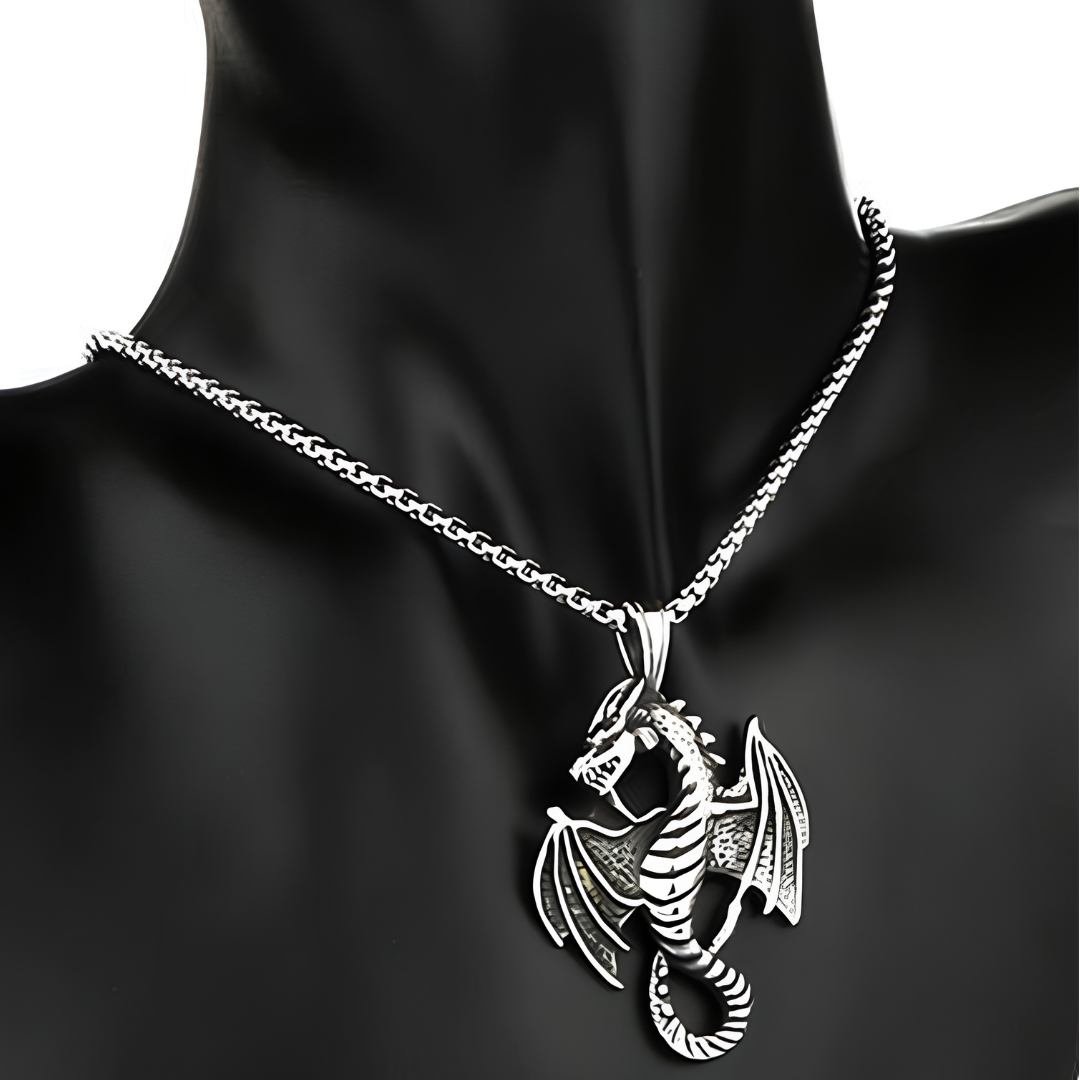 Winged Dragon Pendant Necklace, 60 cm Gothic Fantasy Chain Detailed 54 mm 1887