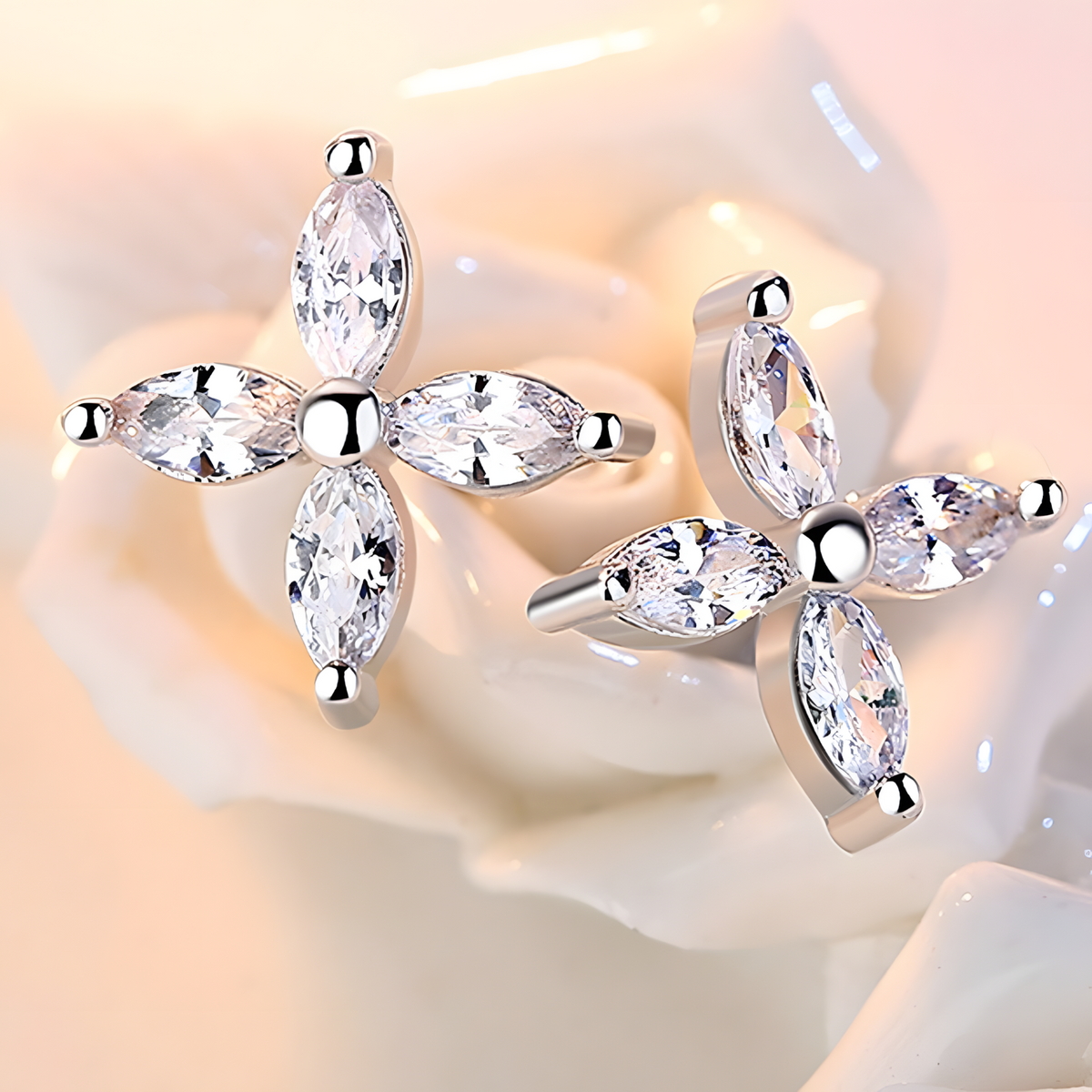 4-Petal Zircon Stud Earrings Women – 925 Silver-Plated Alloy Floral Design 1002