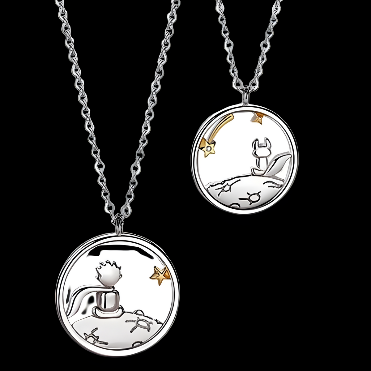Zinc Alloy Little Prince & Fox Couple Necklace Set of 2 – Silver Tone  1090