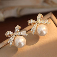 Shiny Rhinestone Inlaid Bow Faux Pearl Decor Dangle Earrings Elegant Style 54 UK