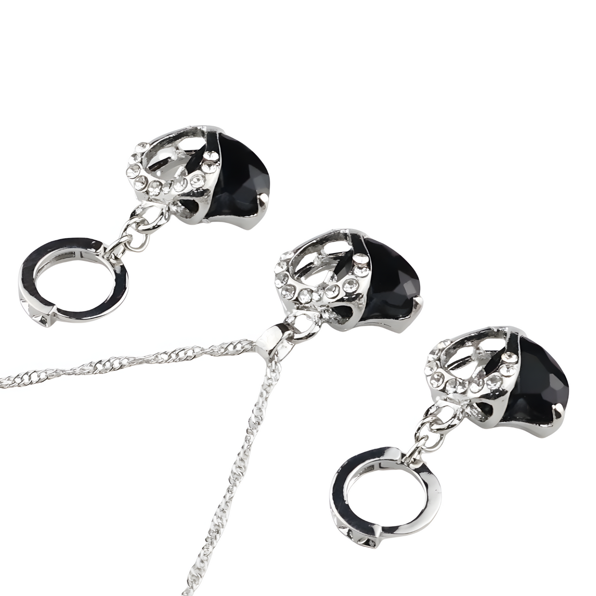 Jet Black Heart Necklace and Earrings Set for Women, Black Heart Pendant 1304