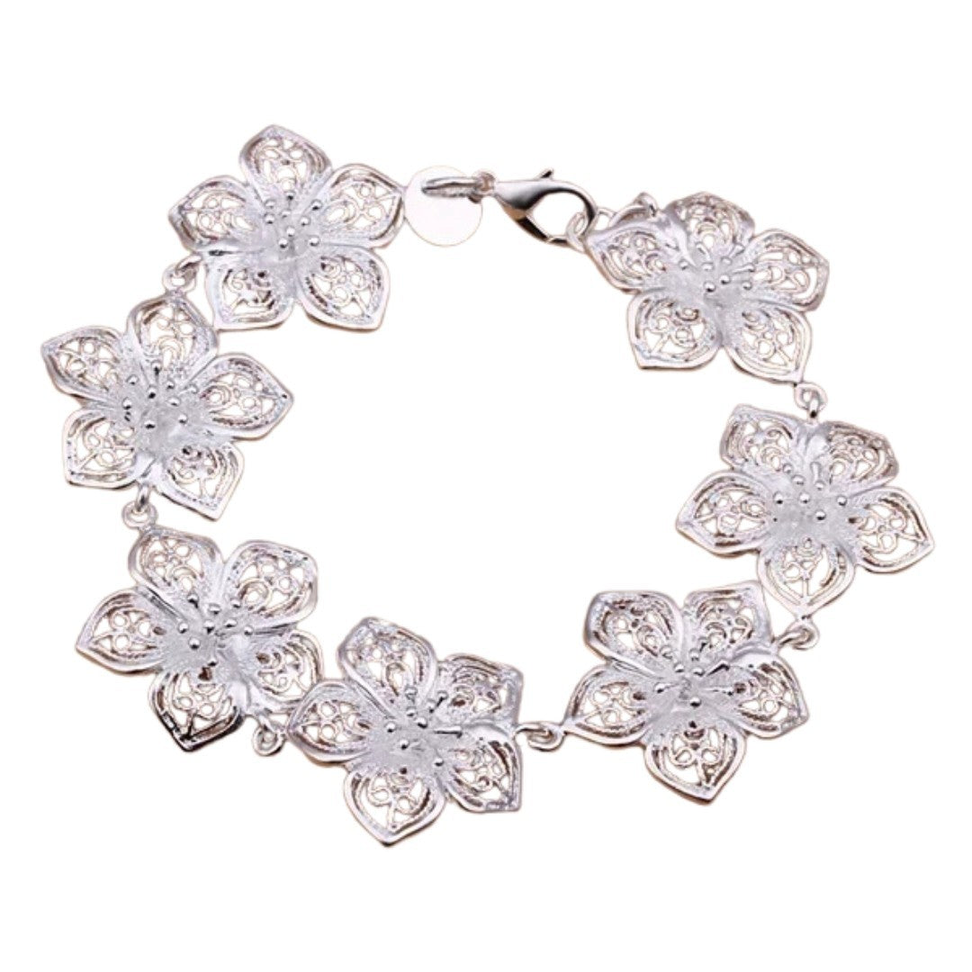 925 Silver Plated Filigree Flower Bracelet, Adjustable Women's Jewellery 422