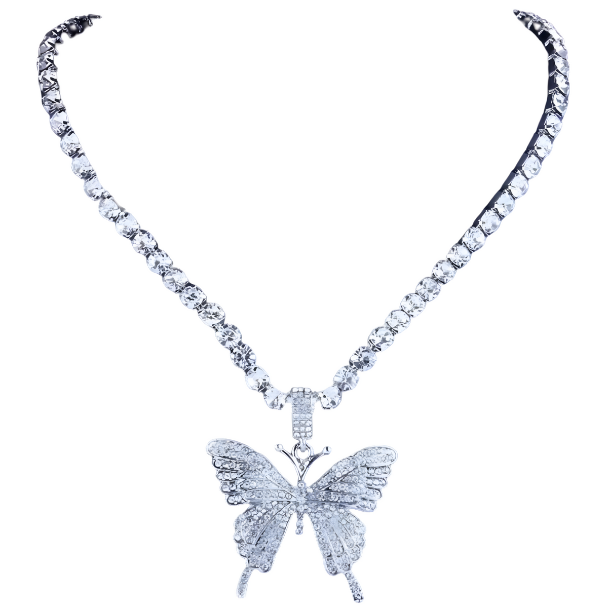 Womens Shiny Butterfly Pendant Necklace Hip Hop Iced Out Silver Tennis Chain 701