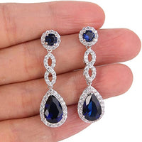 Long Hanging Blue Teardrop Drop Earrings For Women - Rhodium-Plated Alloy- 1458
