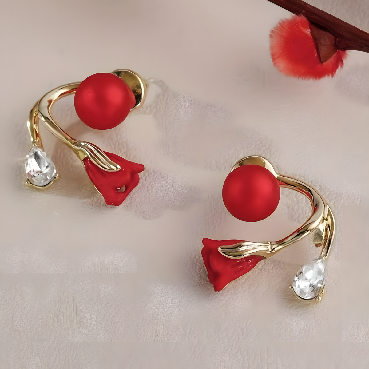 Red Rose Flower Stud Earrings for Women – Gold-Tone Crystal Plant Design 817